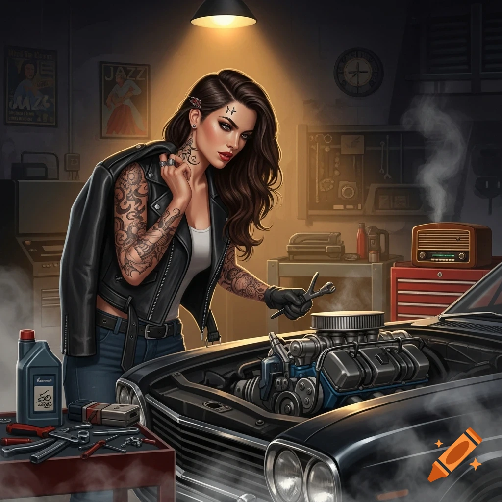 A stylized fantasy art illustration of a tattooed woman with a leather jacket and dark hair, holding a wrench while leaning over the open hood of a car in a garage.