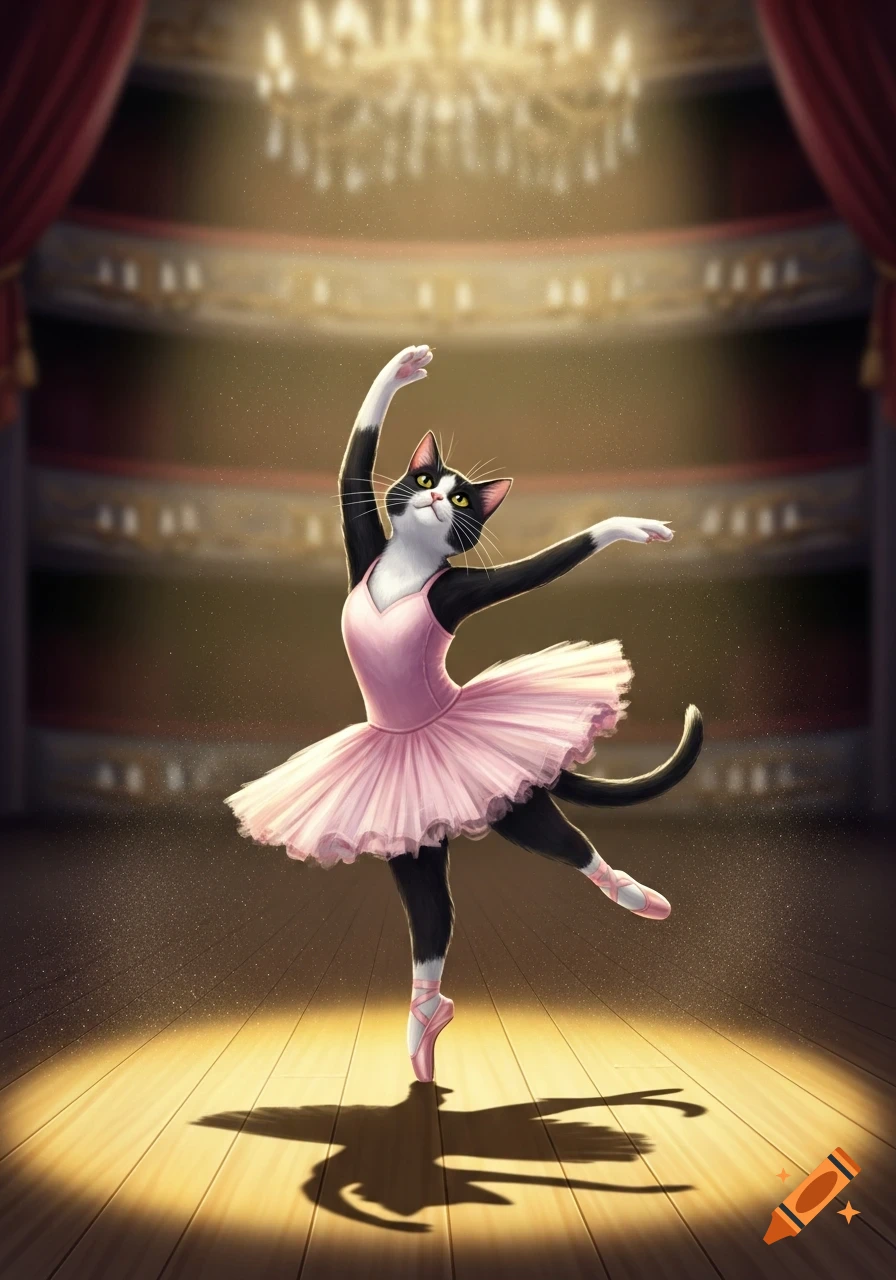 A tuxedo cat in a pink ballet tutu dances en pointe under a spotlight on a stage with red curtains.