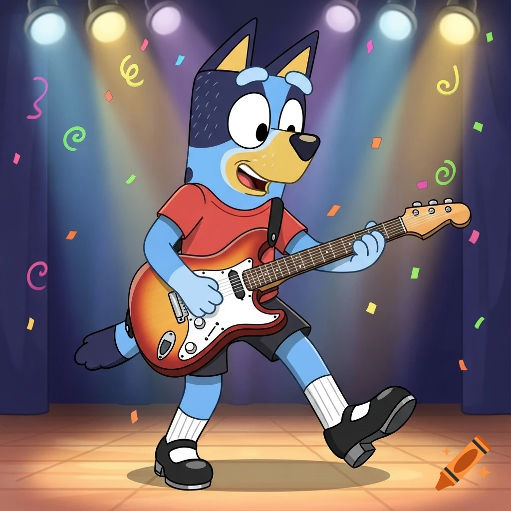 Bluey Heeler, a blue dog cartoon character, plays an electric guitar and tap dances on a stage with confetti.