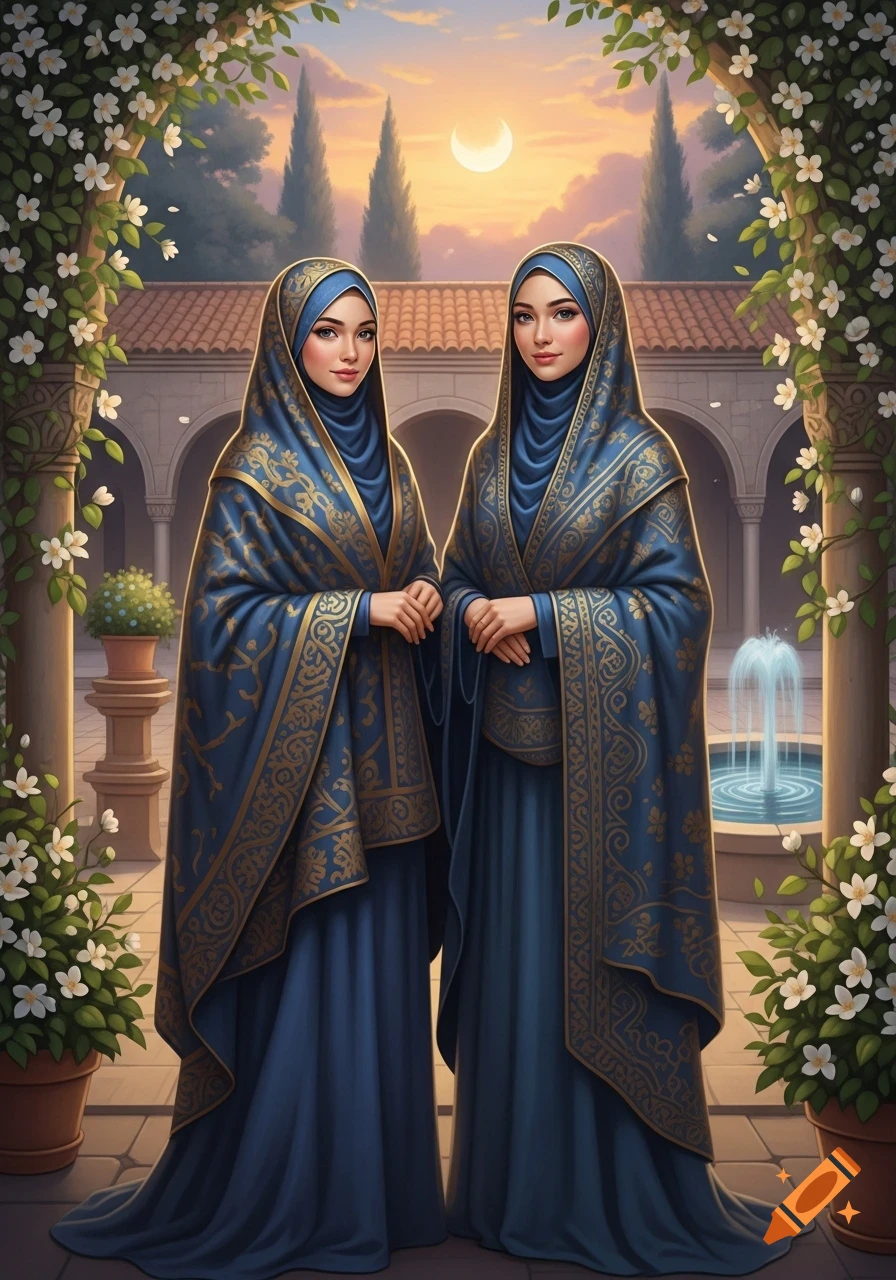 Two women in ornate blue and gold patterned hijabs and dresses stand in a courtyard at sunset with a crescent moon.