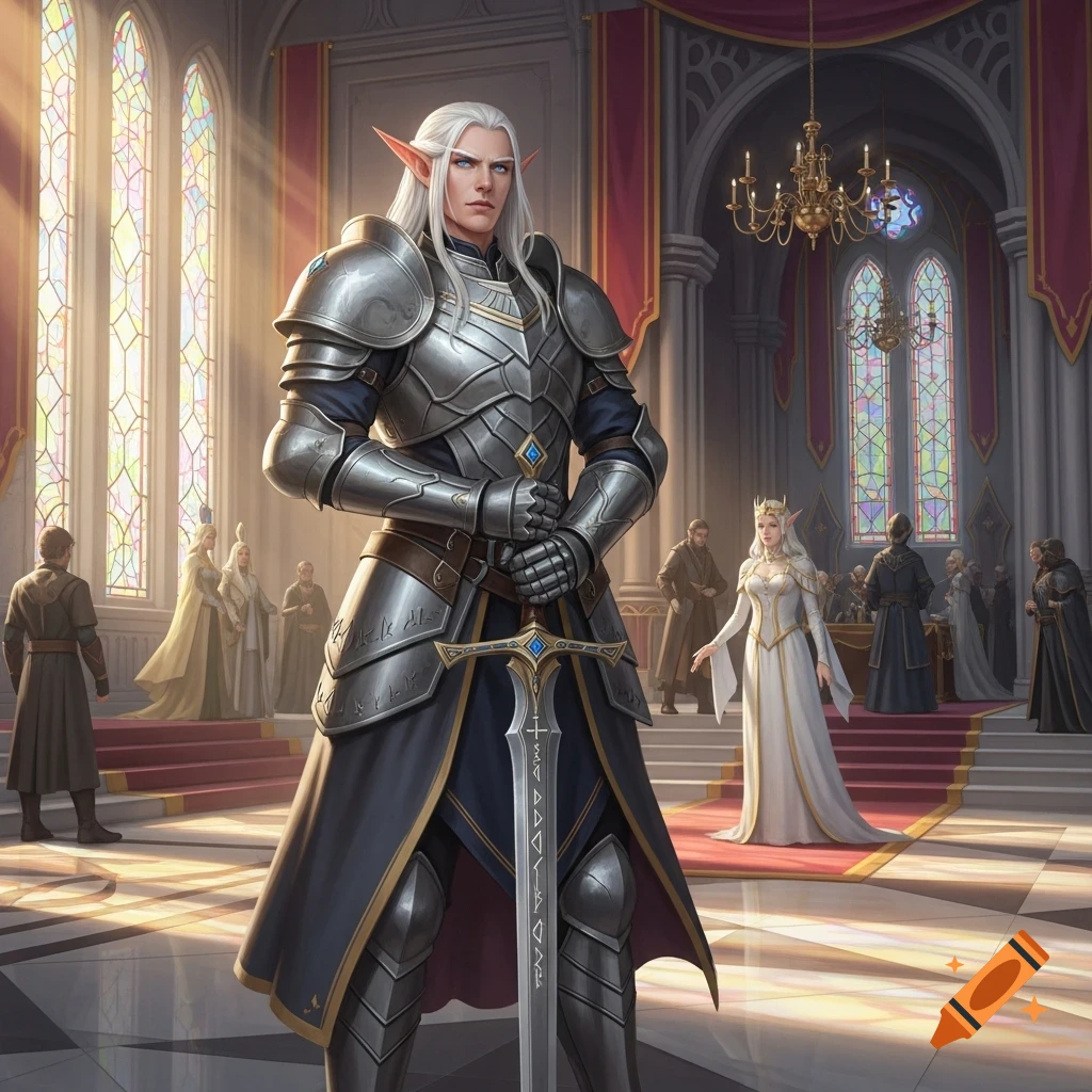 A male elf knight in shining armor stands with his sword in a grand castle hall, a princess and nobles in the background.