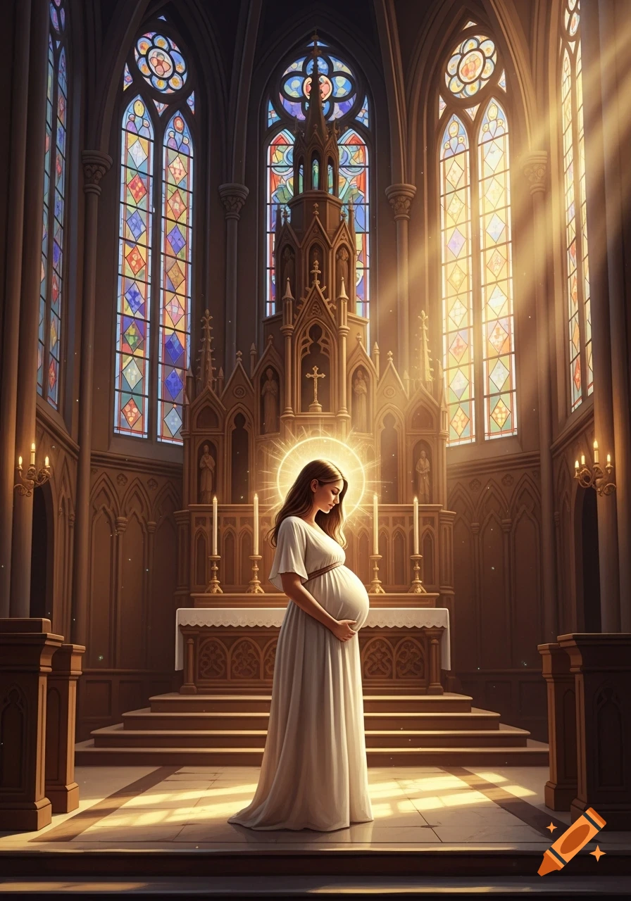 A pregnant woman with a halo stands reverently in a grand gothic church with stained glass windows and sunlight streaming in.
