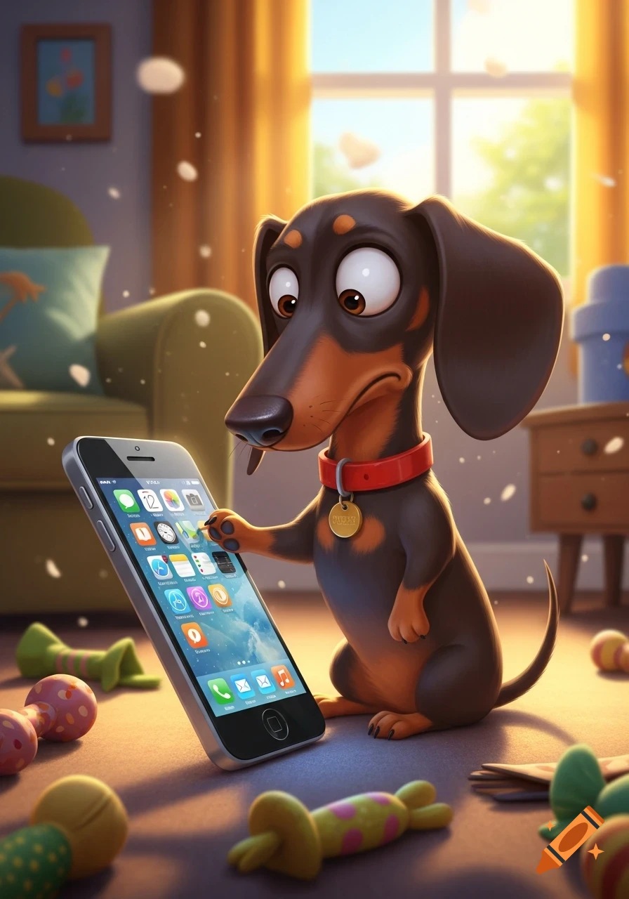 A worried cartoon dachshund dog taps a smartphone screen with its paw, surrounded by toys in a bright living room.