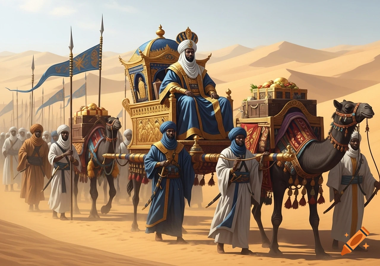 A regal figure, likely Mansa Musa, sits on a gilded camel-drawn carriage leading a procession through a desert landscape.