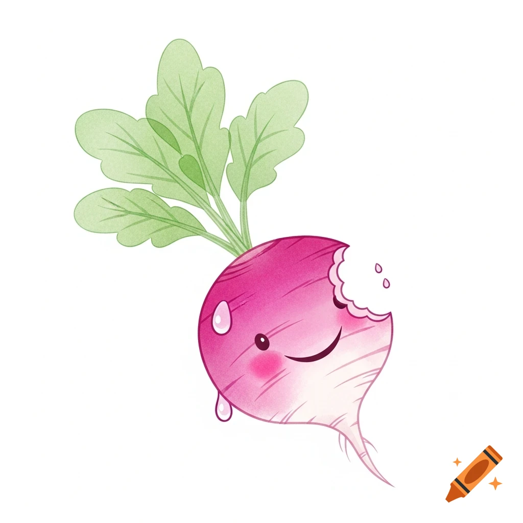 A cute, cartoon radish with green leaves, a bite taken out, a small smile, and two drops of liquid dripping.