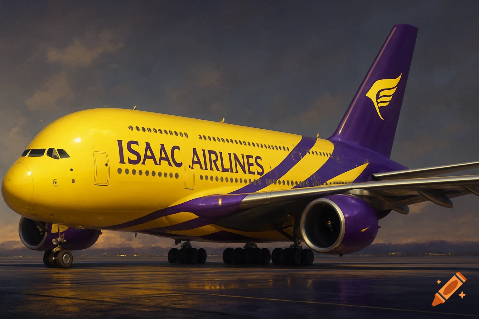 A bright yellow and purple 'Isaac Airlines' A380 airplane is parked on an airfield under a cloudy sky.