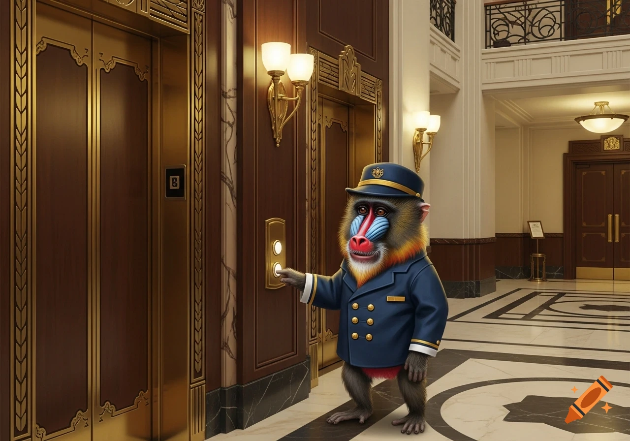 A colorful mandrill wearing an elevator operator uniform presses a button inside a luxurious hotel lobby.