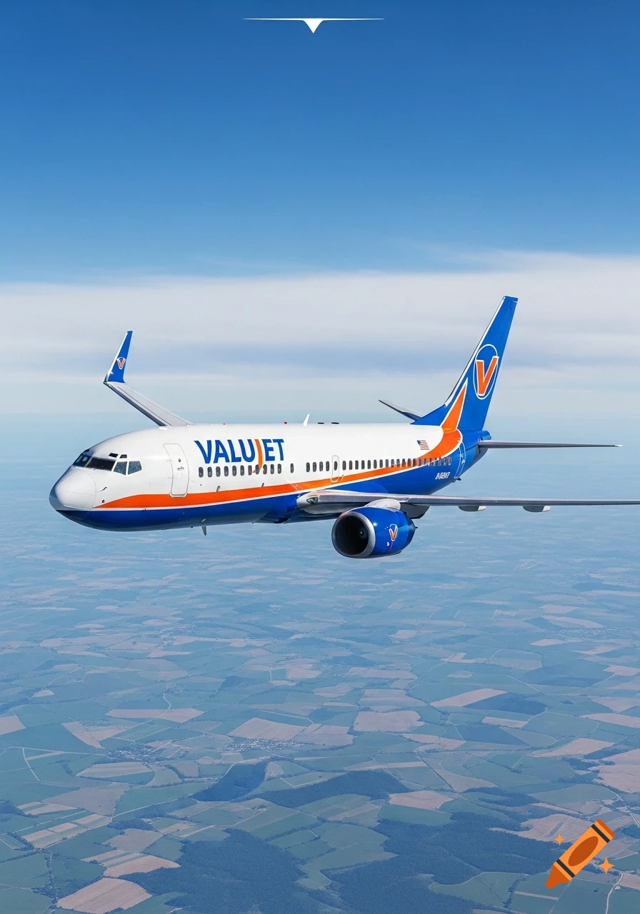 Photorealistic Boeing 737 Valujet airplane flying over a patchwork landscape under a clear blue sky.