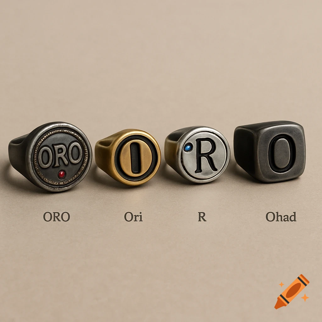 Four distinct metal rings, each featuring a different initial or word, displayed on a light brown surface with their respective names below.
