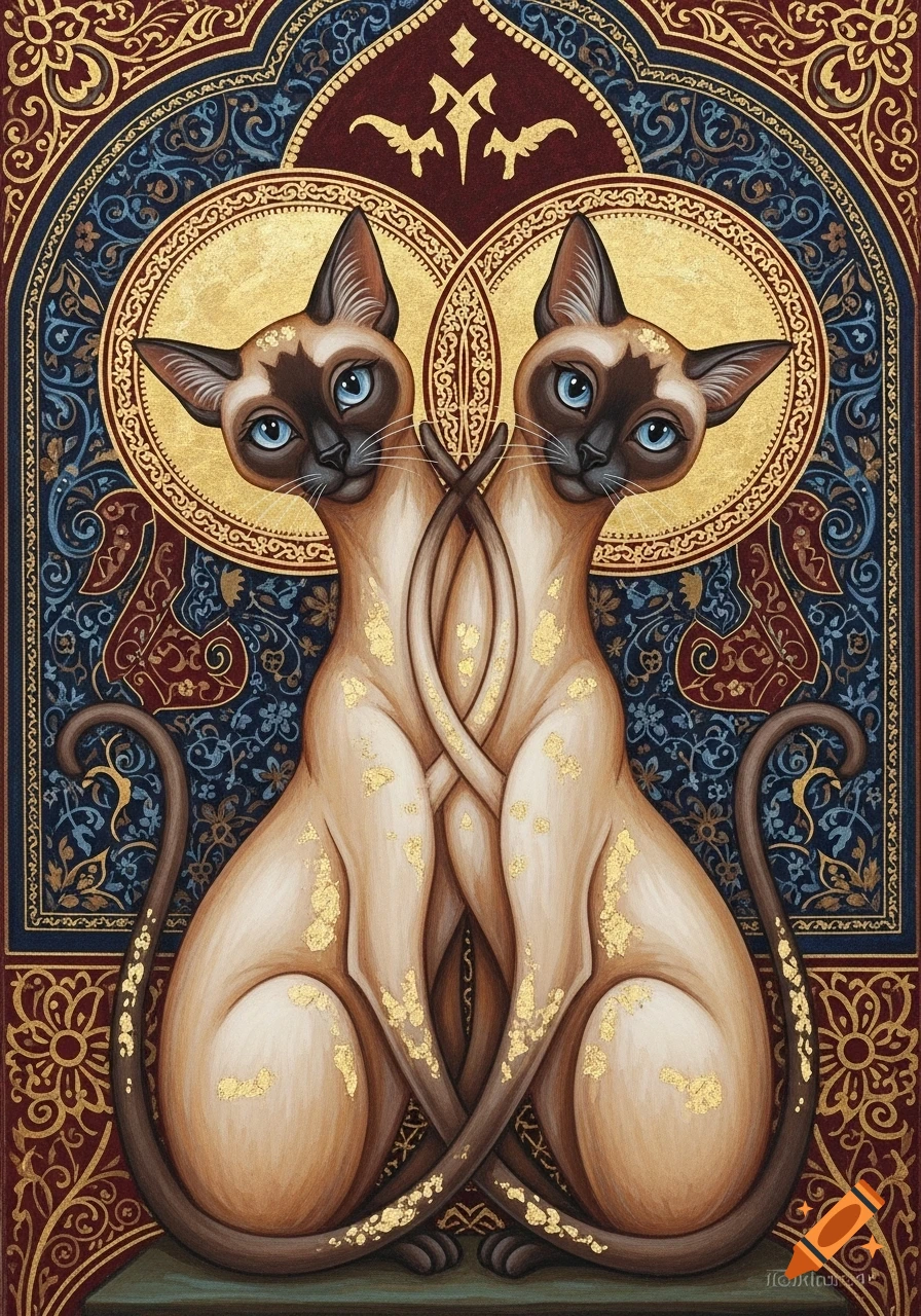 Two Siamese cats with blue eyes intertwined in a rich, ornate Byzantine icon painting style with gold leaf accents.