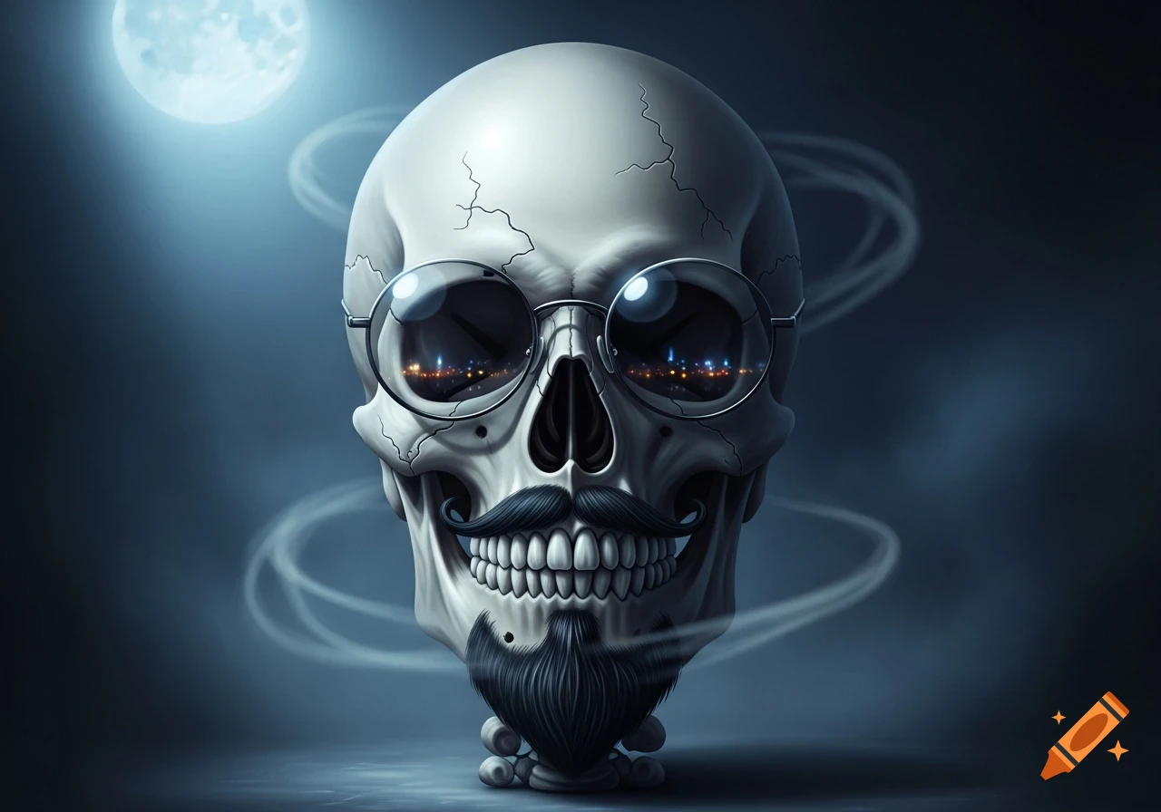 A stylized skull with a handlebar mustache, goatee, and round glasses, under a full moon in a dark setting.