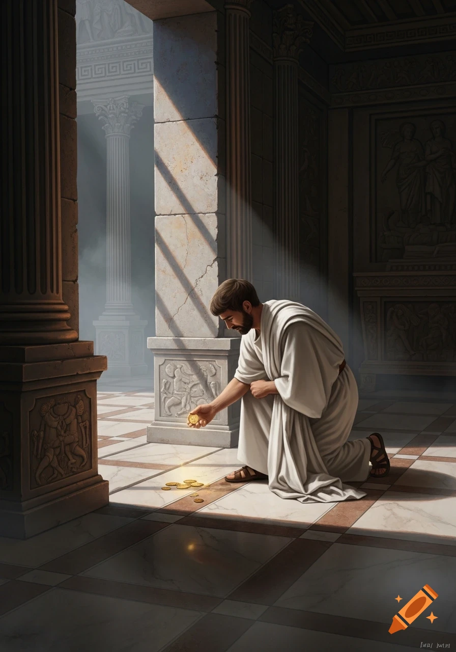 A man in a white toga kneels in a sunlit ancient Roman temple, collecting gold coins from the marble floor.