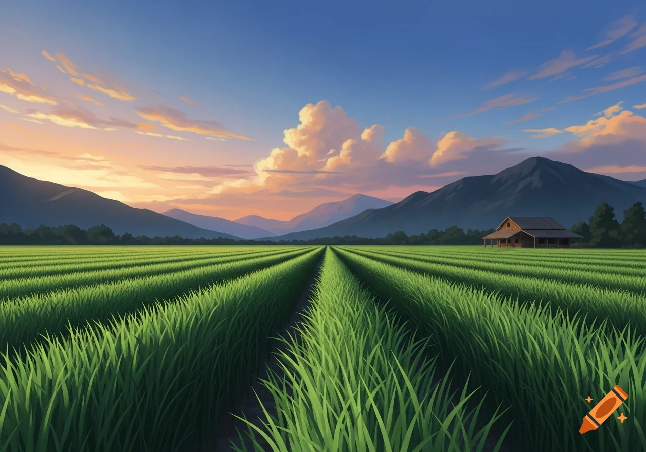 Illustrative landscape of a green field with a barn and mountains at sunset.