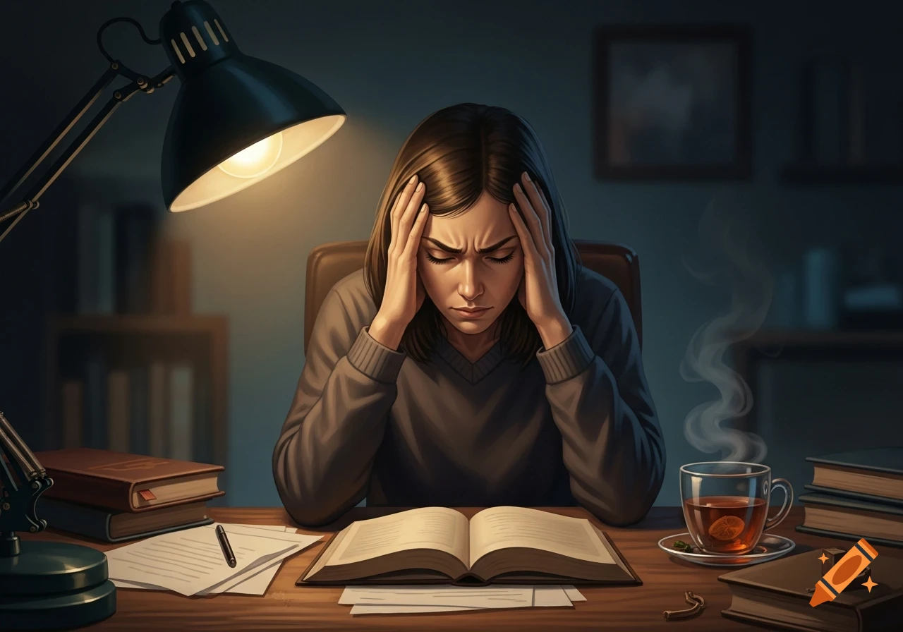 A woman with a distressed expression holds her head while sitting at a desk with an open book, papers, and a steaming mug, illuminated by a desk lamp.