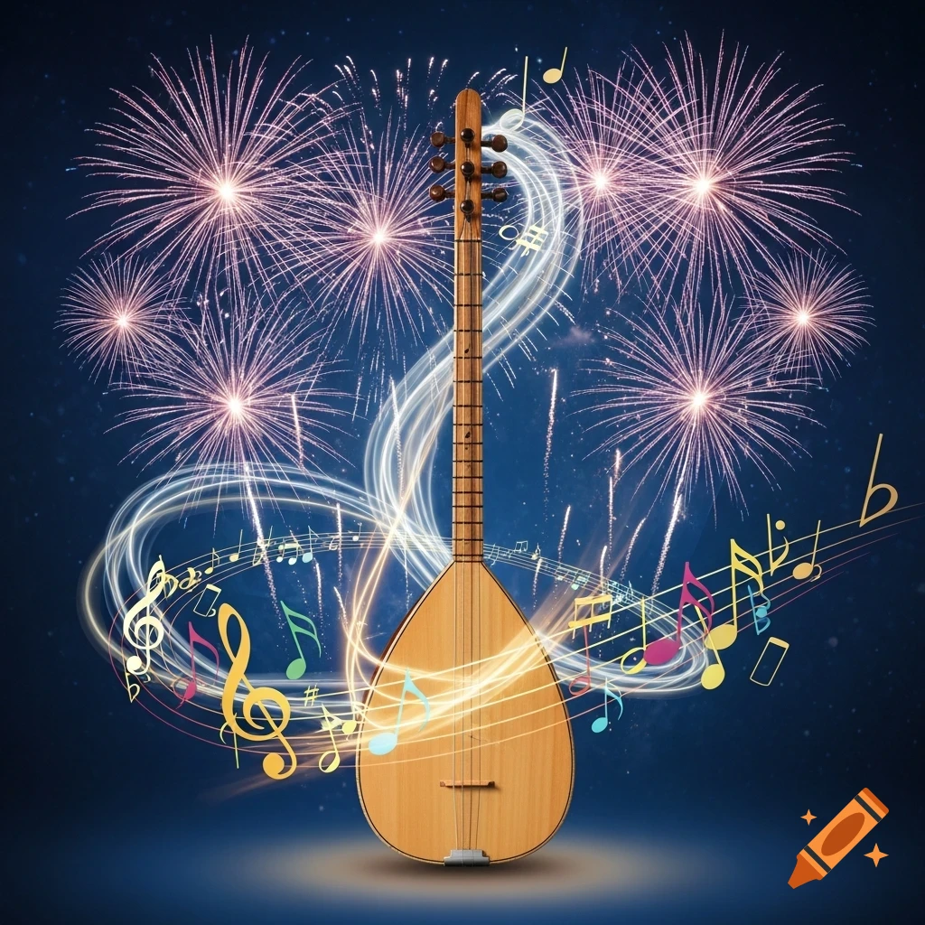 A Saz Bağlama string instrument stands centrally against a dark blue background, surrounded by vibrant fireworks and colorful musical notes swirling around it.