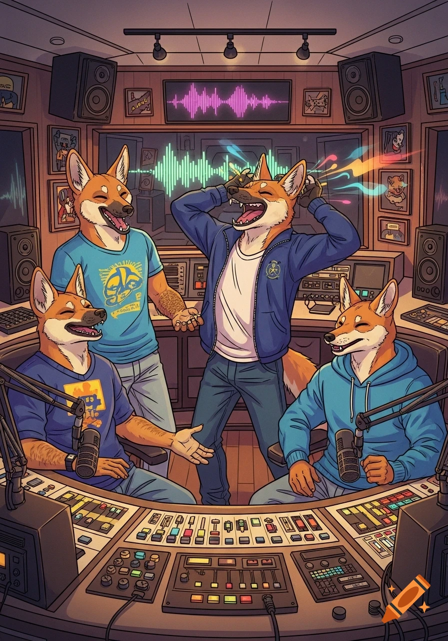 Four anthropomorphic dingoes, laughing and talking in a colorful radio station with a large mixing board and speakers, cartoon style.