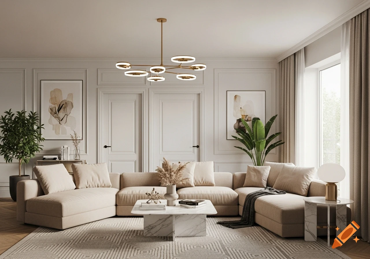 Photorealistic image of a modern living room with a beige U-shaped sofa, marble coffee table, geometric rug, and tall plants.