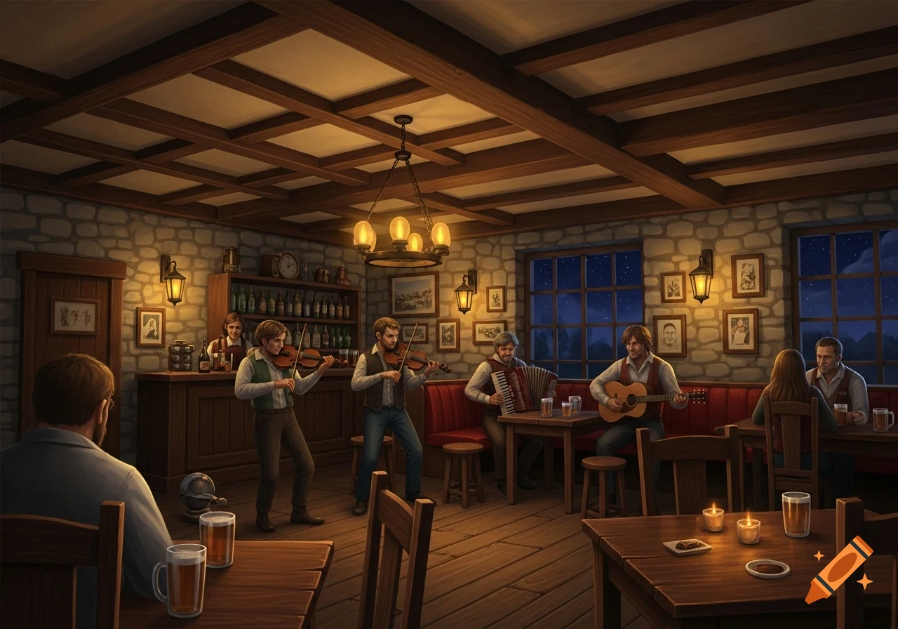 Illustrative scene of musicians playing folk music in a cozy, dimly lit pub with stone walls and wooden beams.