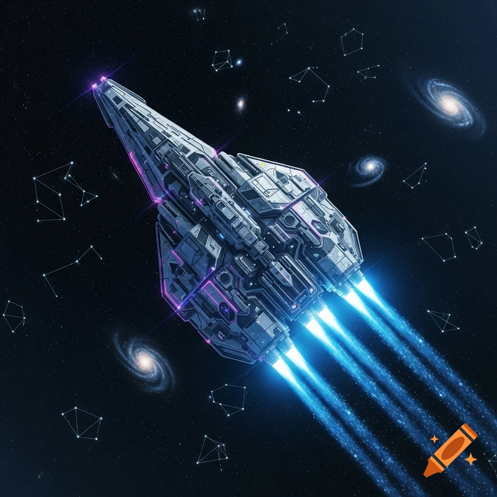 A futuristic spaceship with glowing purple accents and four bright blue thrusters speeds through deep space, surrounded by swirling galaxies and star constellations.