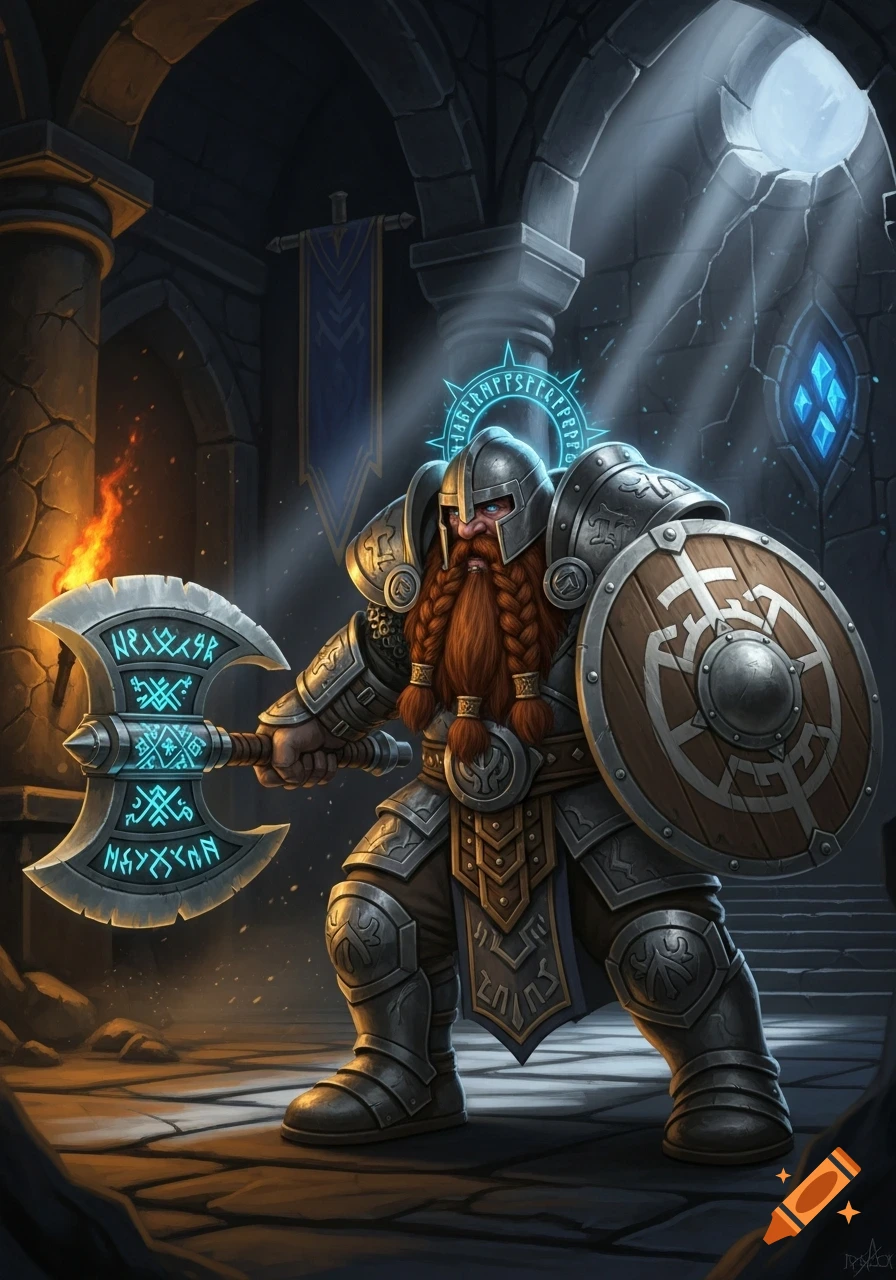 A formidable dwarf paladin in ornate armor, wielding a glowing runic axe and a shield, stands in a torchlit stone dungeon.
