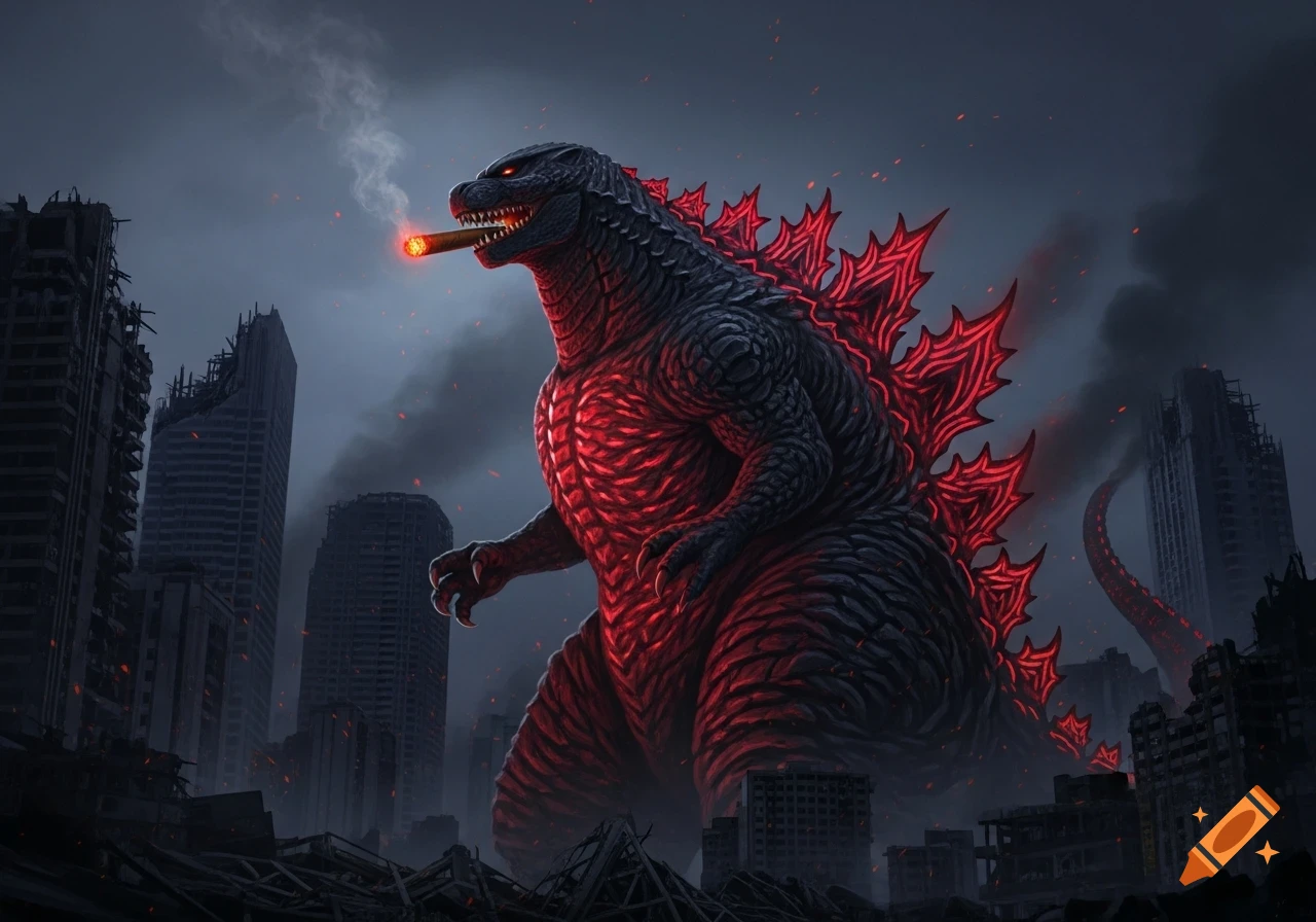 A massive Shin Godzilla with glowing red accents smokes a cigar in a destroyed city under a dark, smoky sky.