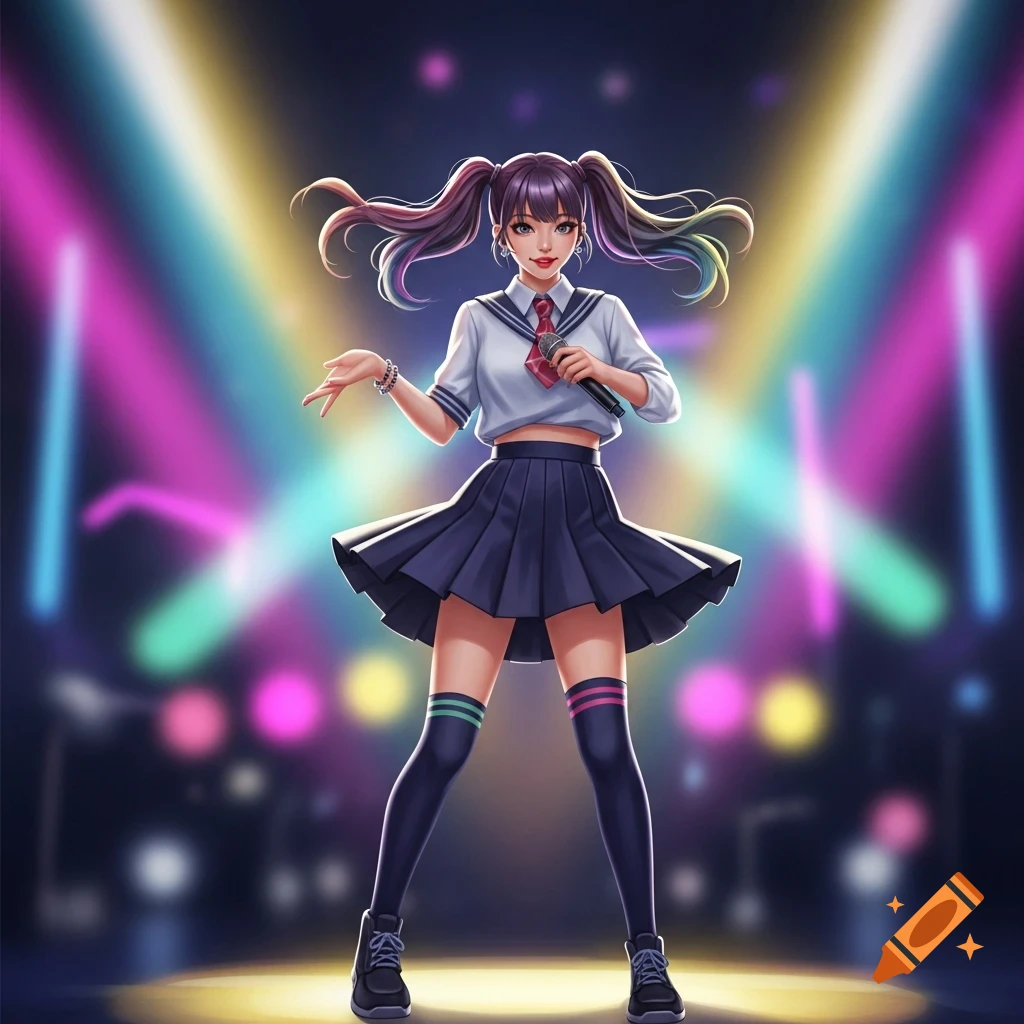 Anime k-pop girl with pigtails in a school uniform, holding a microphone on a stage with colorful spotlights.