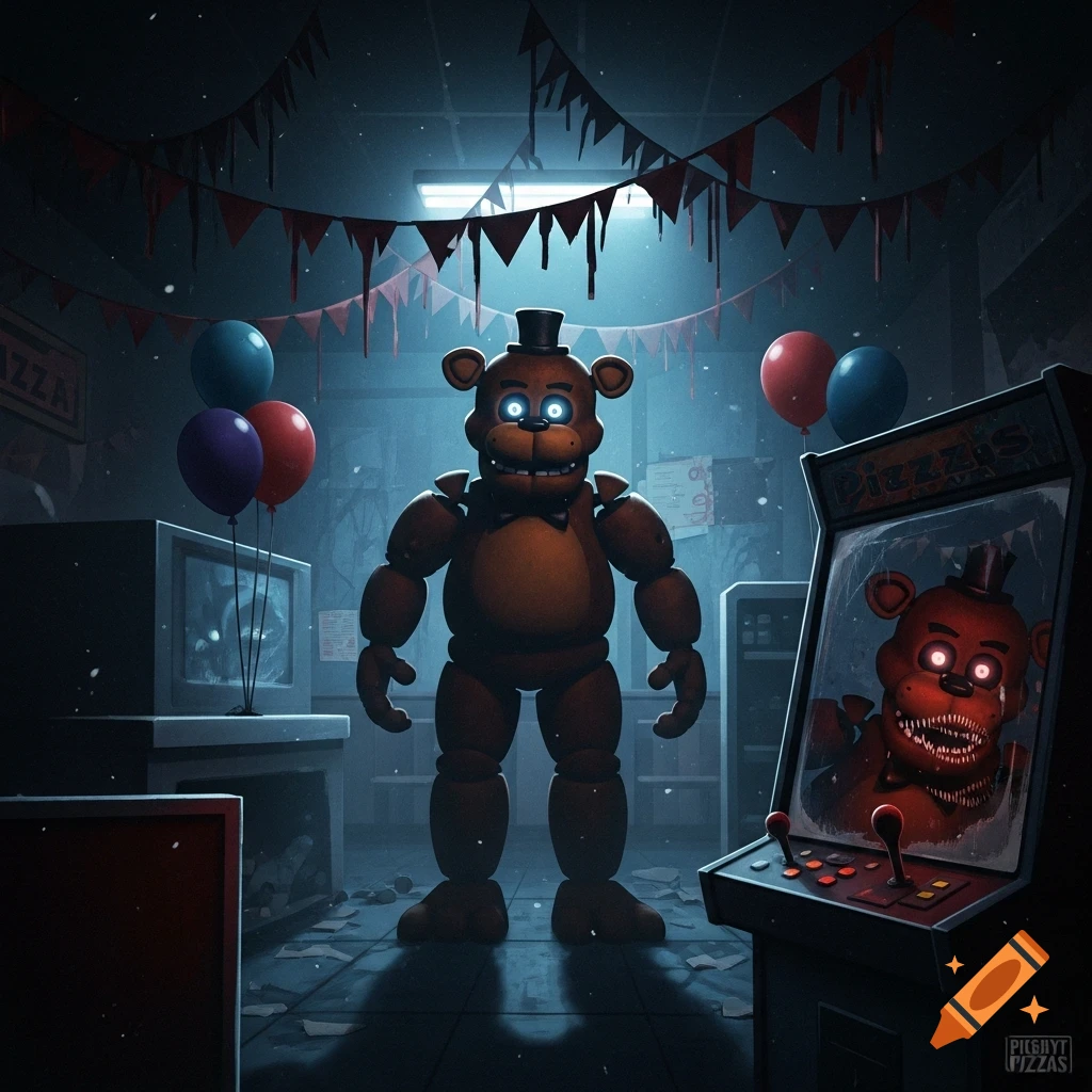Freddy Fazbear stands in a dark, dilapidated arcade with balloons, an old TV, and a scary reflection in an arcade game. Stylized horror art.