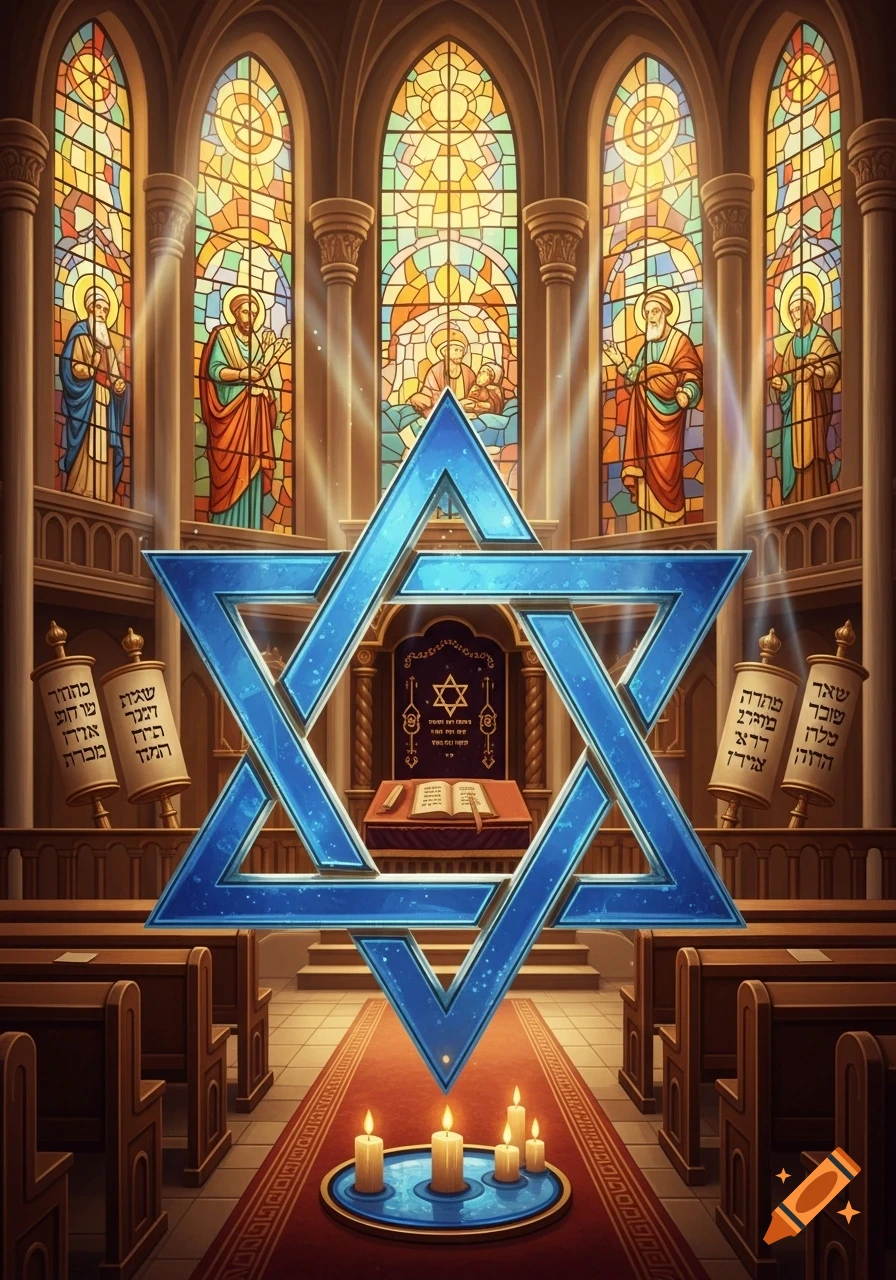 A vibrant illustration of a synagogue interior with a large glowing Star of David, stained glass windows, Torah scrolls, and lit candles.
