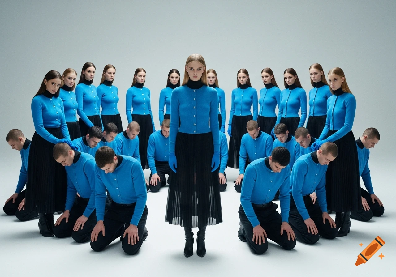 A large group of people in blue cardigans and black skirts. Women stand with serious expressions while men kneel before them.