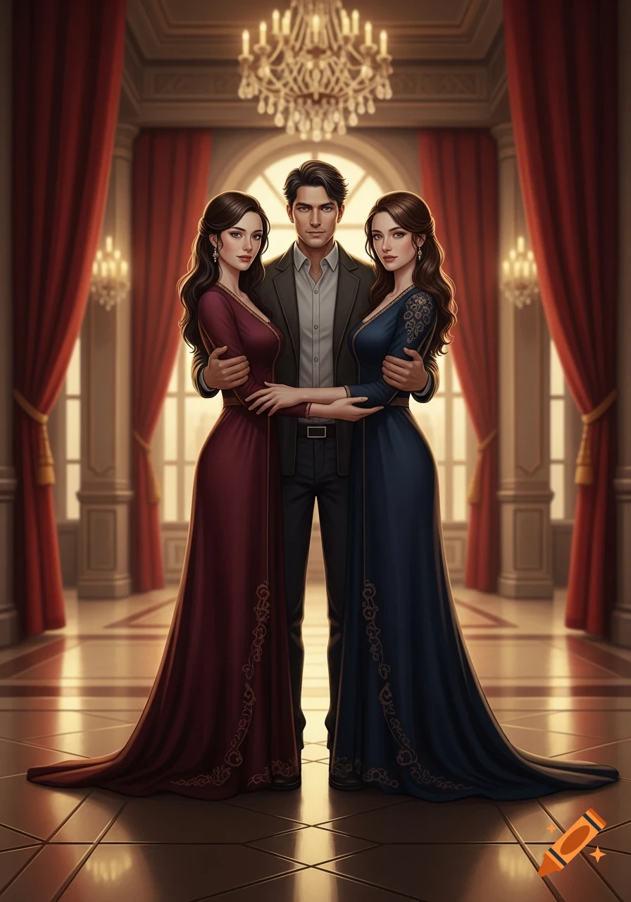 An illustrated man in a suit embraces two women in long dresses, one maroon and one blue, in a grand hall with red drapes and chandeliers.