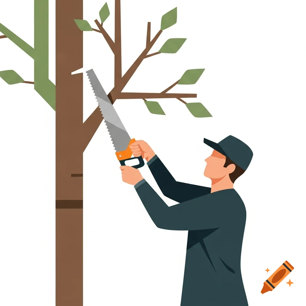Flat illustration of a man in a cap using a hand saw to prune branches from a tree.