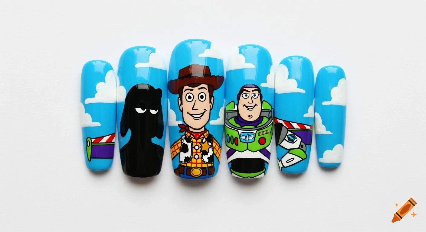 Six artificial nail tips decorated with Toy Story characters Woody, Buzz Lightyear, and a Hamm silhouette against a blue sky with clouds.