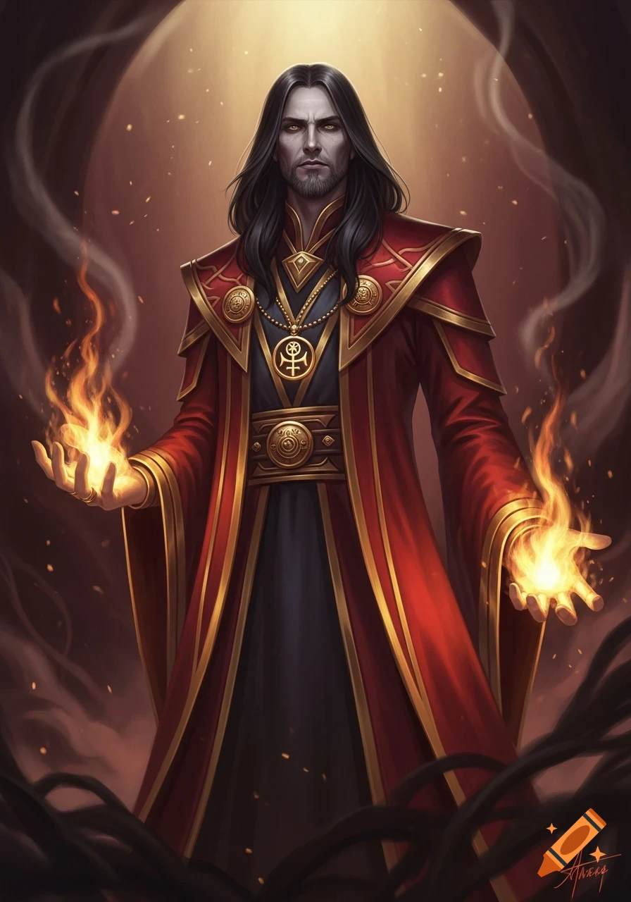 A fantasy illustration of a man with long black hair, an ash-colored face, a red and gold robe, and hands engulfed in flames.