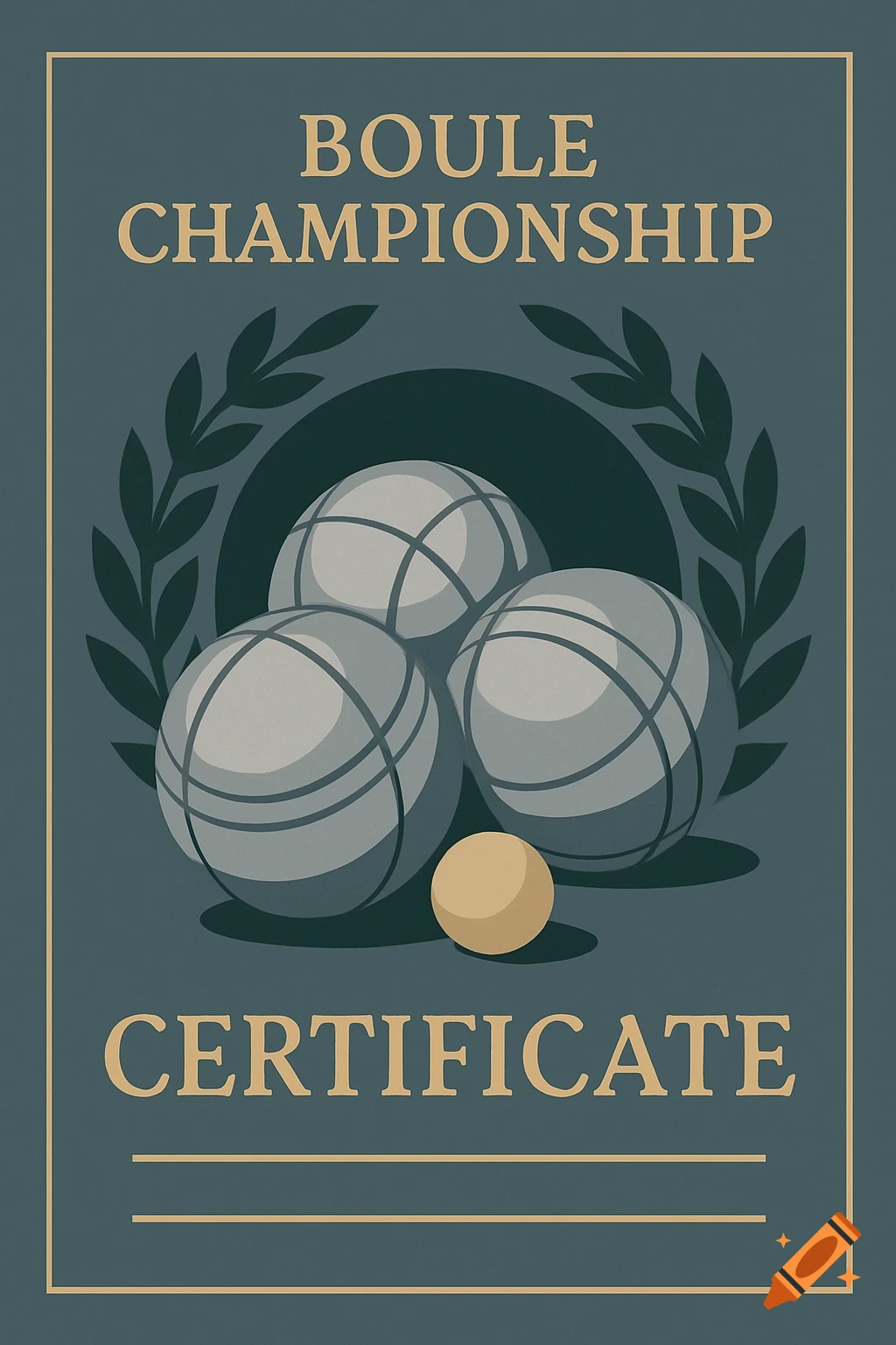 An illustration of a Boule Championship certificate with three grey boule balls, a gold jack, and a laurel wreath on a dark teal background.