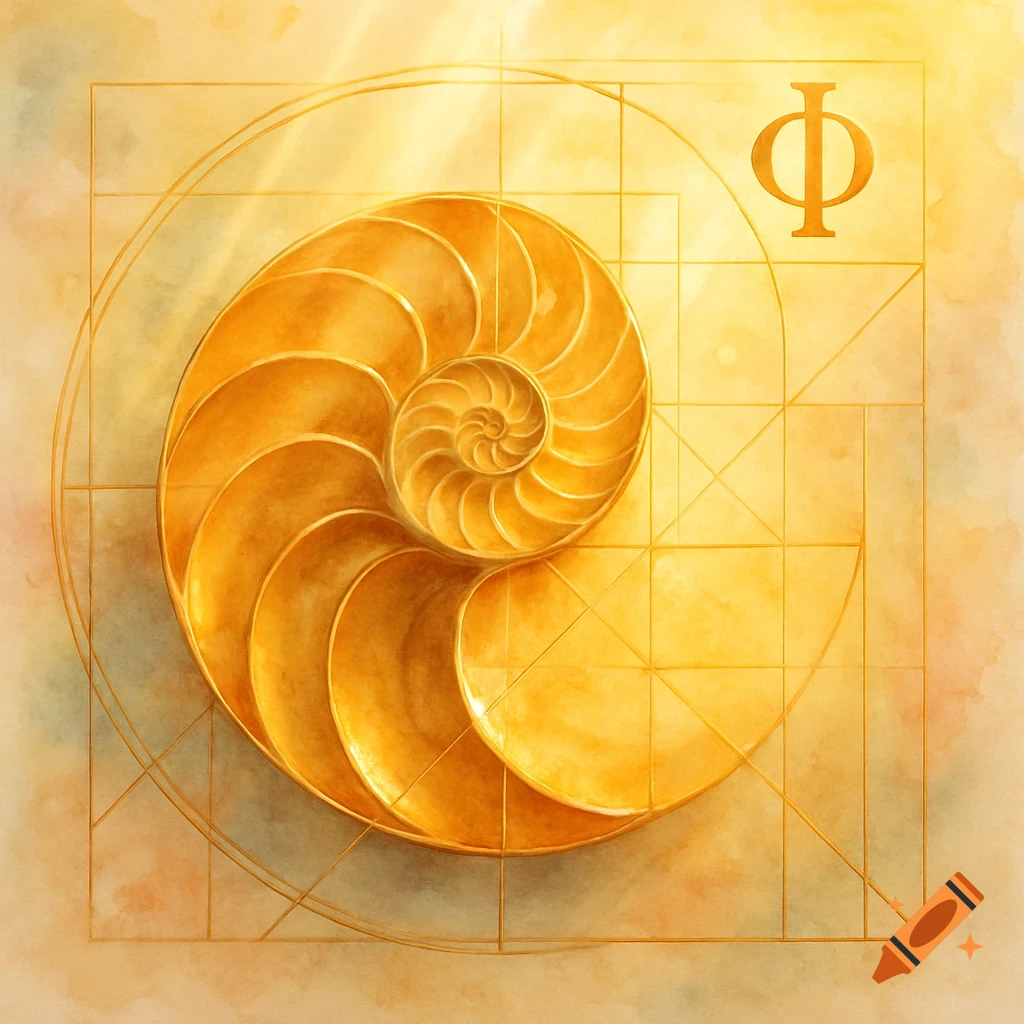 Golden nautilus shell within golden ratio grid with Phi symbol on a warm, textured background.