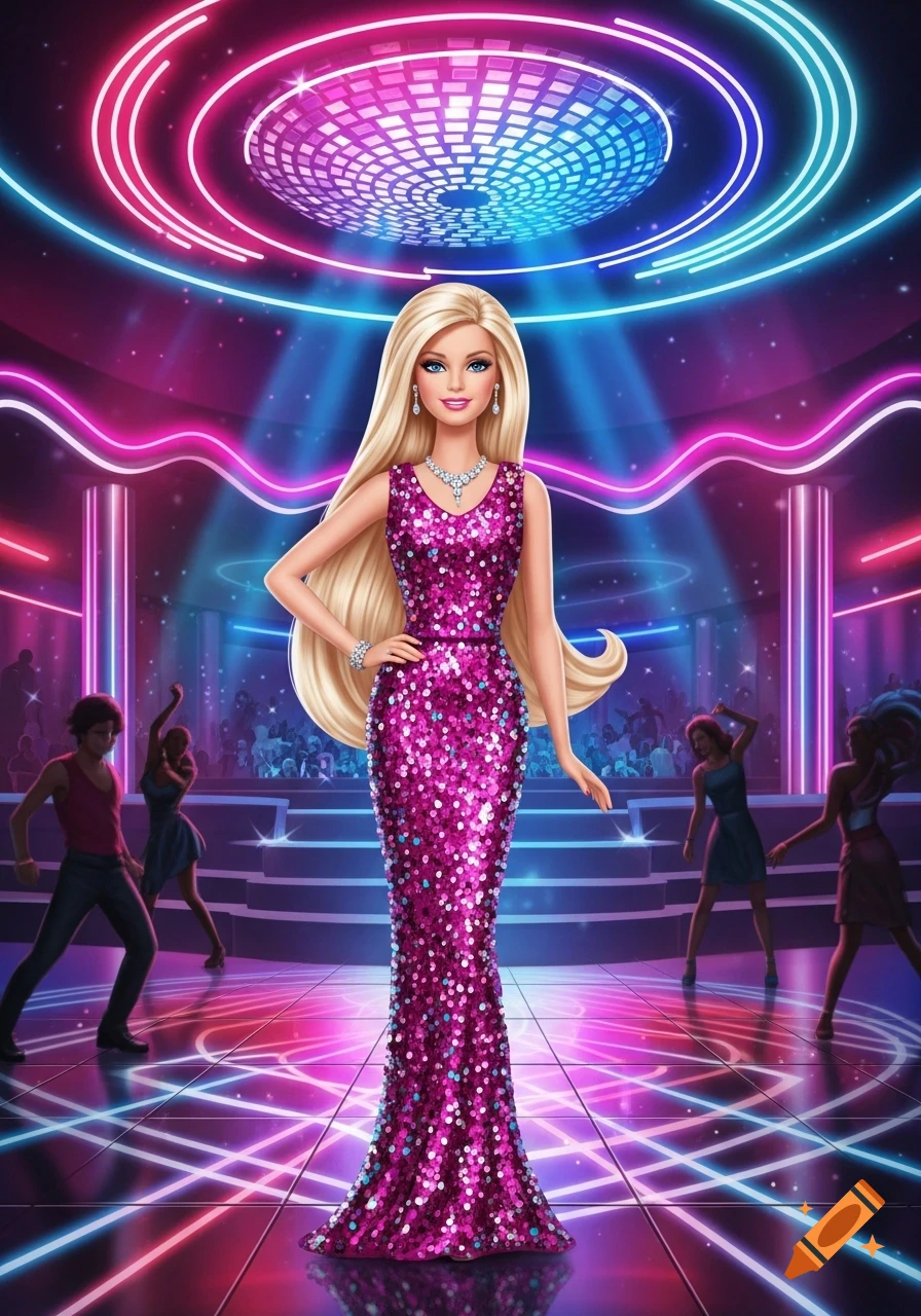 Blonde Barbie doll in a sparkly pink dress stands center stage in a vibrant disco with neon lights and a disco ball.
