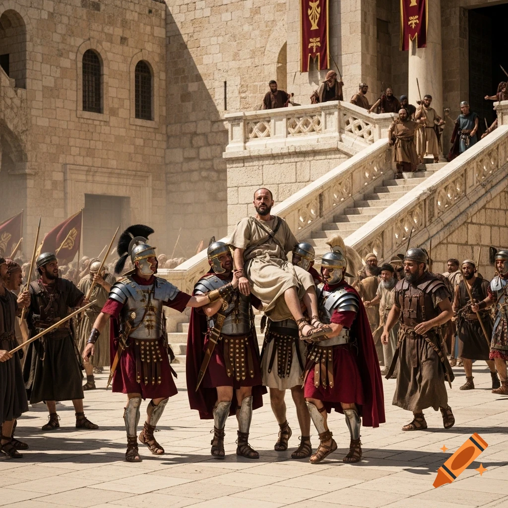 Roman soldiers carry a bald man up stone stairs outside a grand ancient building in Jerusalem, surrounded by a crowd.