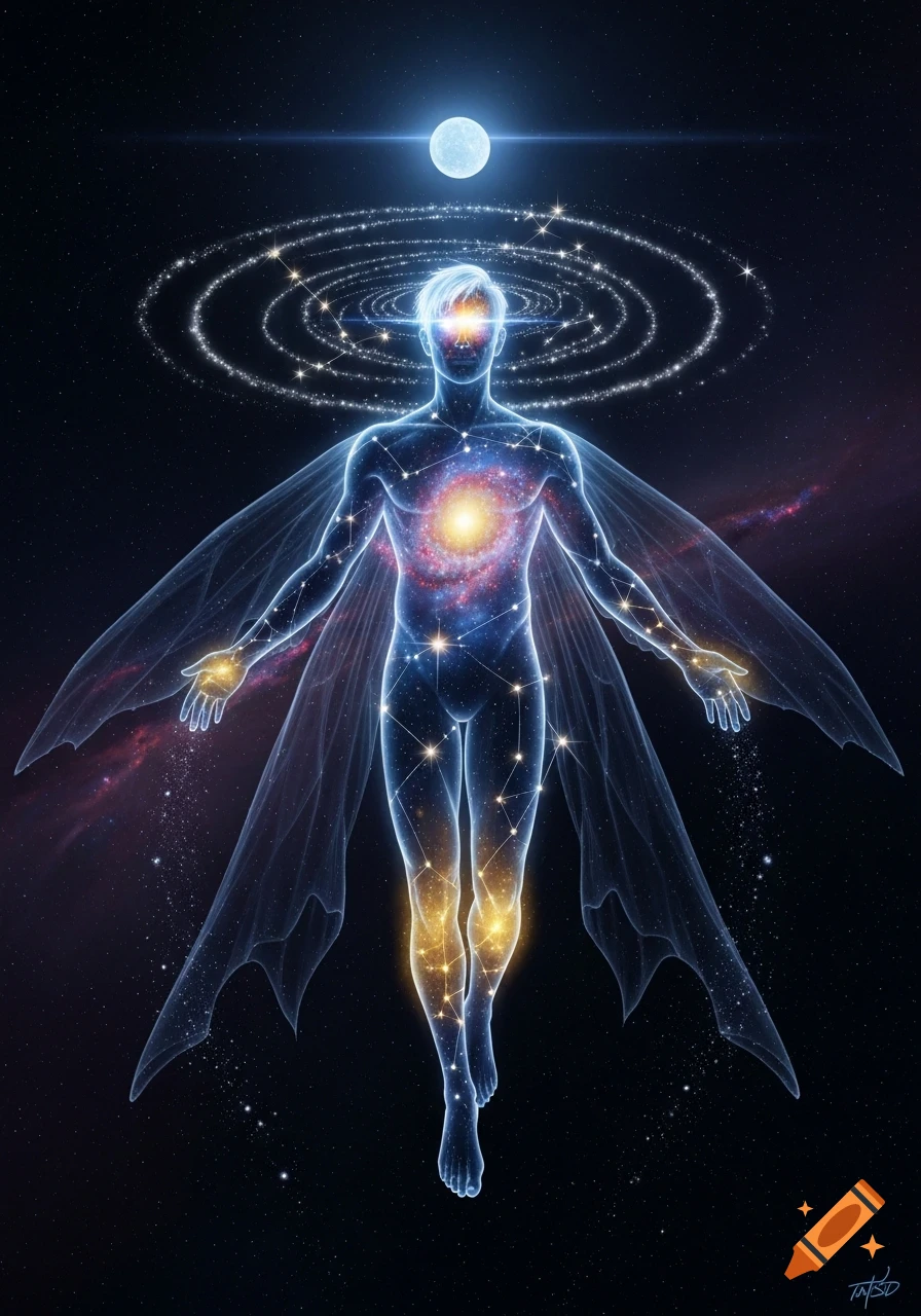 Ethereal astral man with translucent wings and glowing cosmic body floats in deep space with a full moon and starry rings.