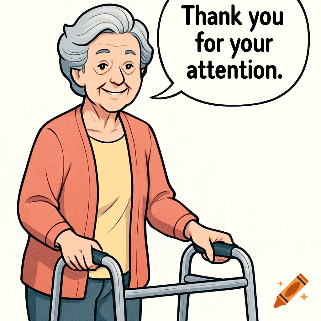 Smiling cartoon elderly woman with grey hair using a walker, a speech bubble says 'Thank you for your attention' on a white background.
