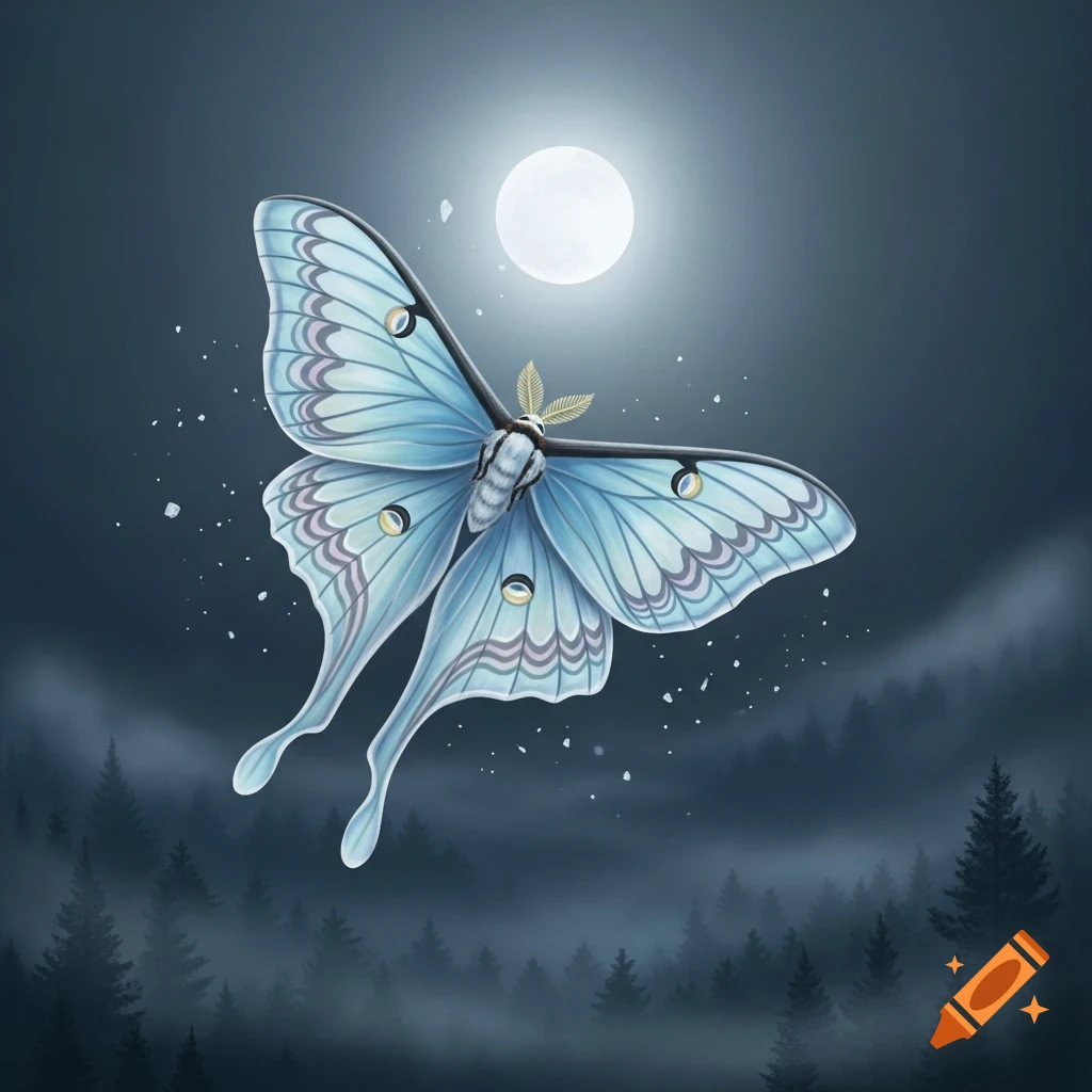 A beautiful Luna moth with pastel blue patterns on its wings flies in a misty, moonlit night over a forest.
