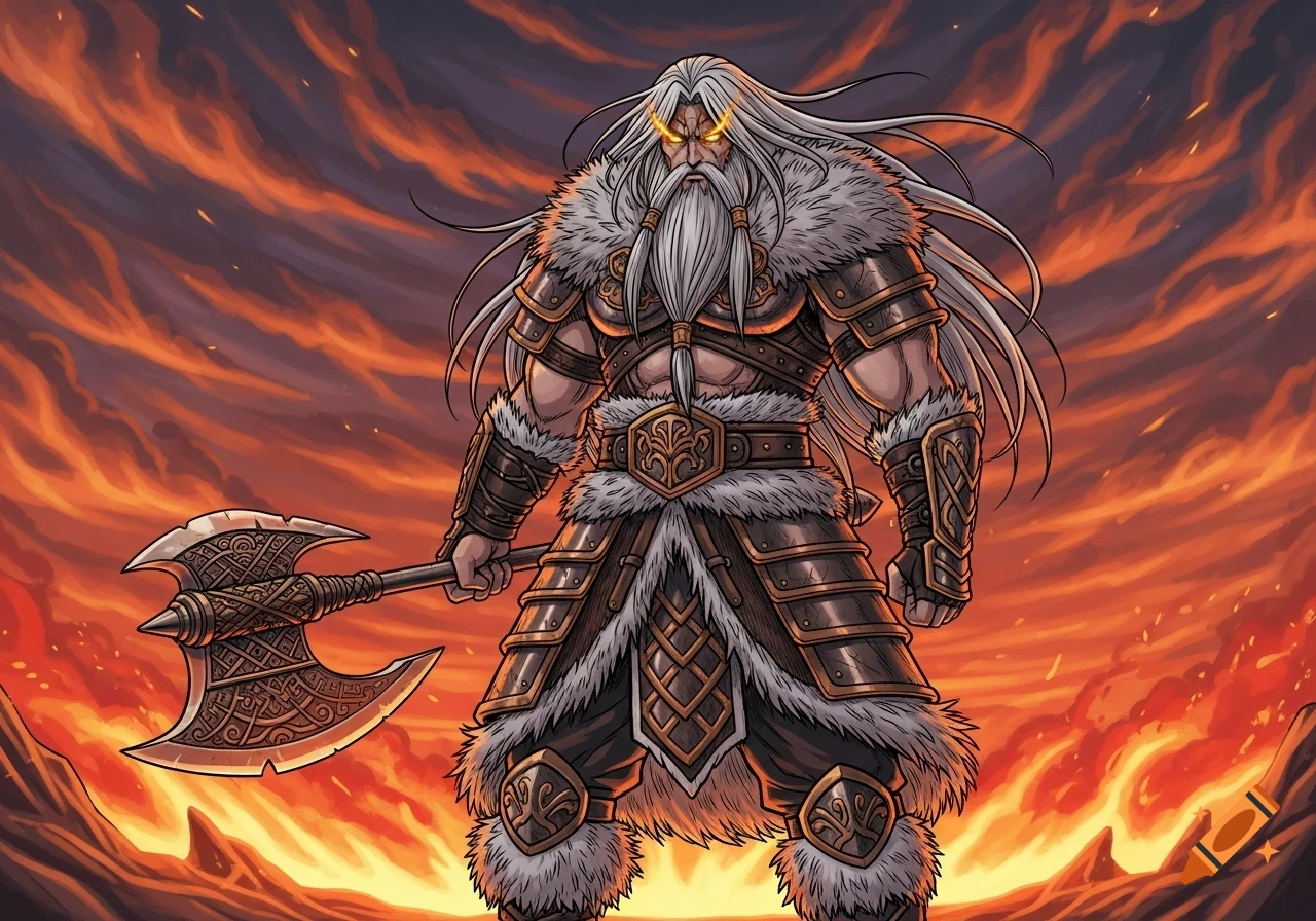 Manga-style illustration of a powerful, muscular man with long white hair, beard, and glowing eyes, wearing fur armor and holding an axe in a fiery landscape.
