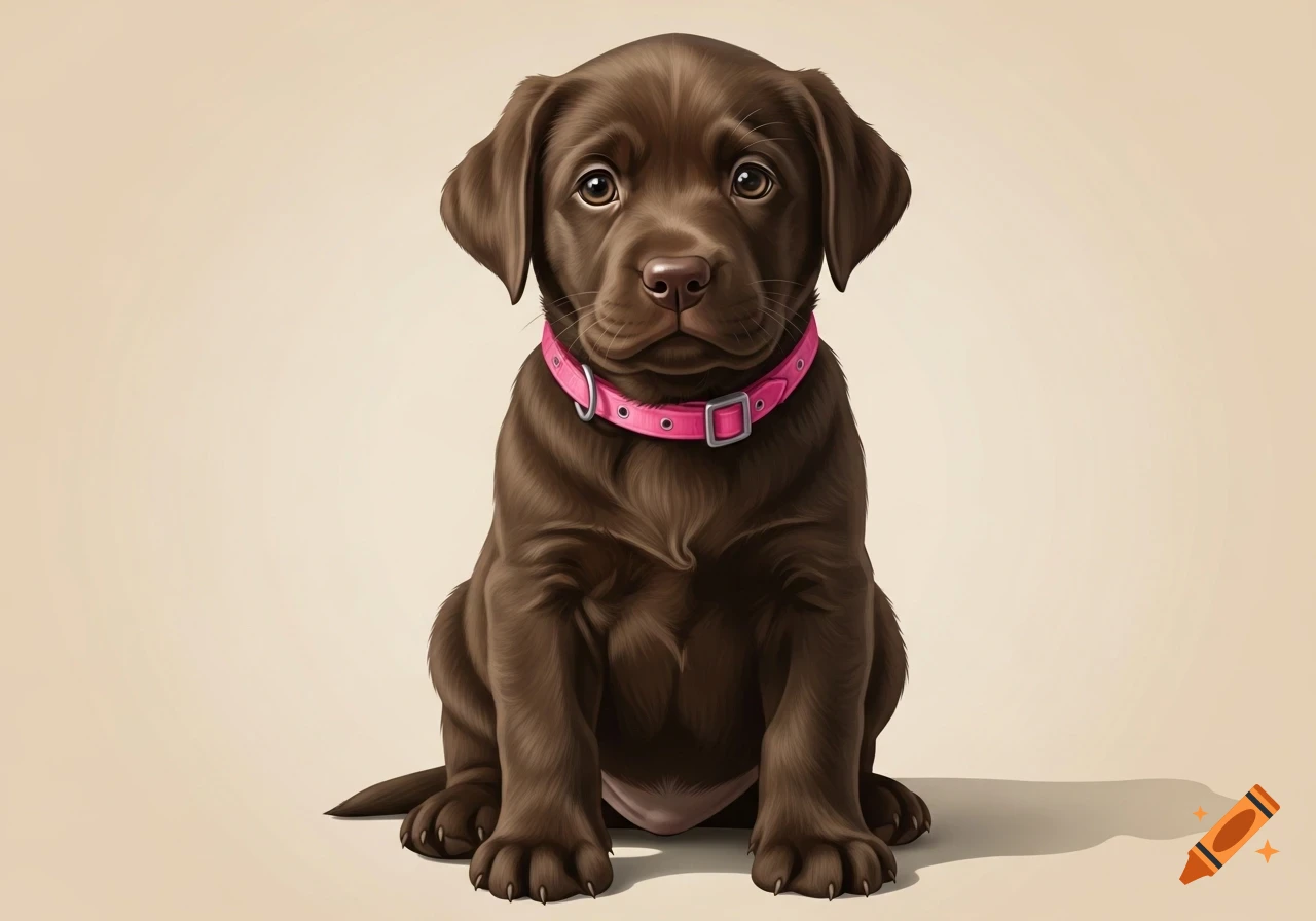 A cute chocolate Labrador puppy wearing a pink collar sits against a plain beige background.