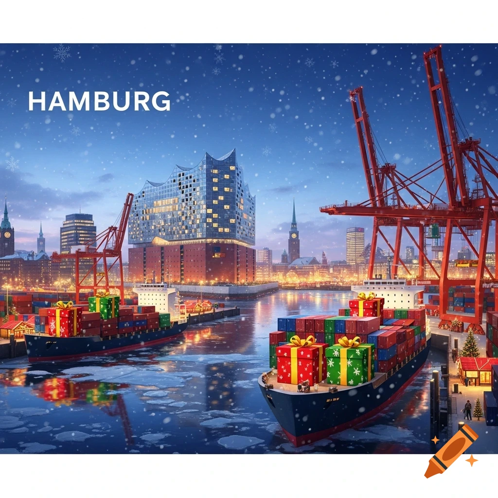 A snowy, festive harbor scene in Hamburg with cargo ships carrying gift-wrapped containers, large red cranes, and city buildings like the Elbphilharmonie under a blue sky.