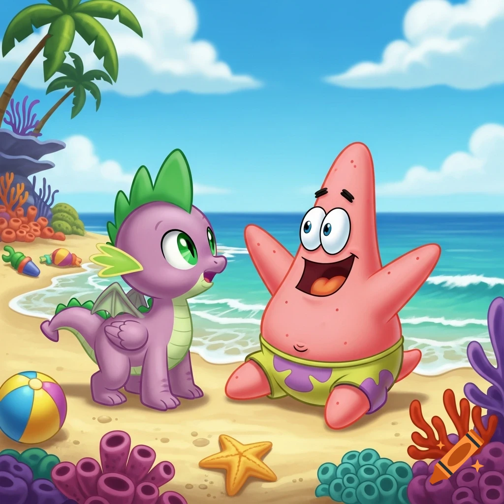 Spike the purple dragon and Patrick Star on a sunny beach with palm trees and ocean.