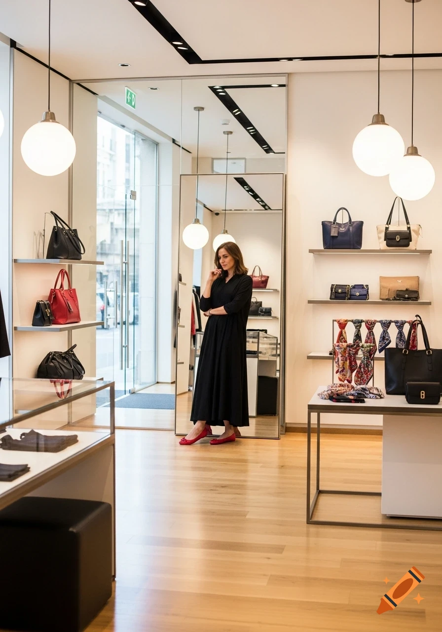 A woman in a black dress tries on red ballerina flats, looking in a full-length mirror in a modern retail store with handbags and scarves.