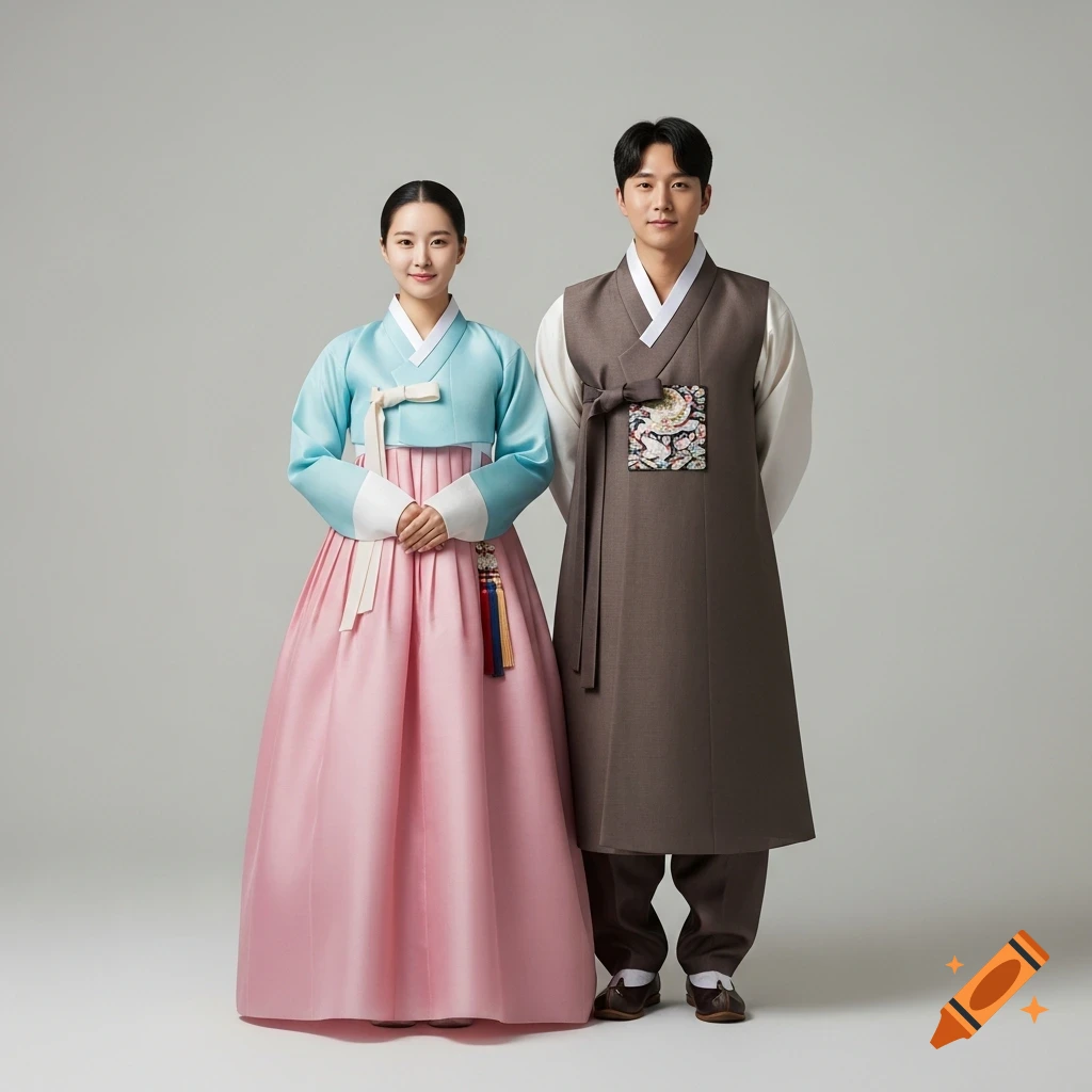 A Korean couple stands side by side, wearing traditional hanbok. The woman wears a light blue and pink hanbok, the man a brown and white one.