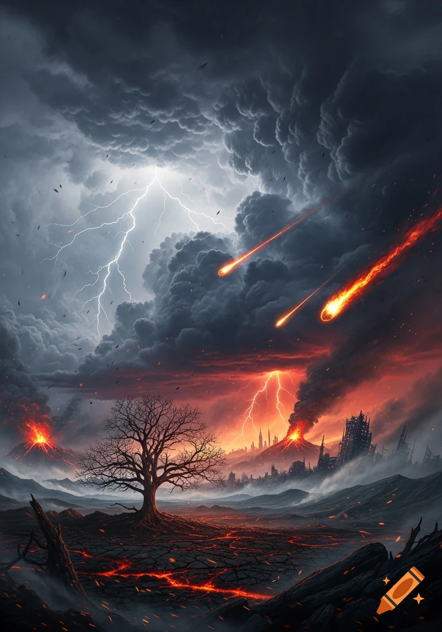 A dramatic apocalyptic landscape with dark storm clouds, lightning, falling meteors, erupting volcanoes, and lava cracks.