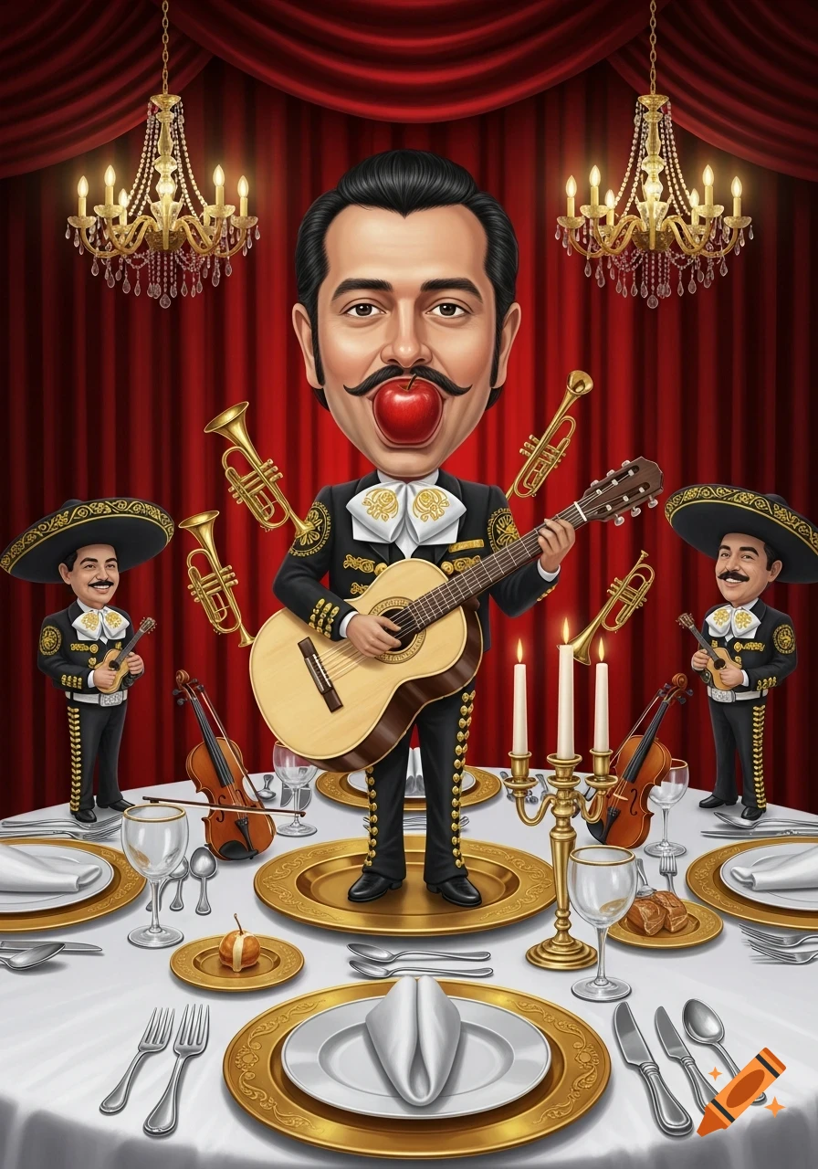 Caricature of a mariachi singer with an apple in his mouth, playing a guitar on a fancy dining table, surrounded by smaller mariachis and instruments against red curtains.