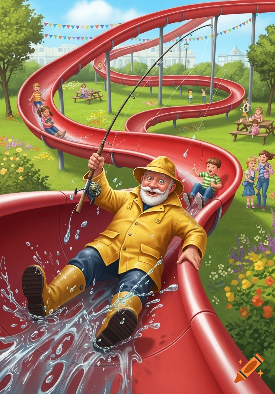 A cheerful old man in yellow rain gear slides down a red water slide with a fishing rod, splashing water in a vibrant park with children playing. Illustration.