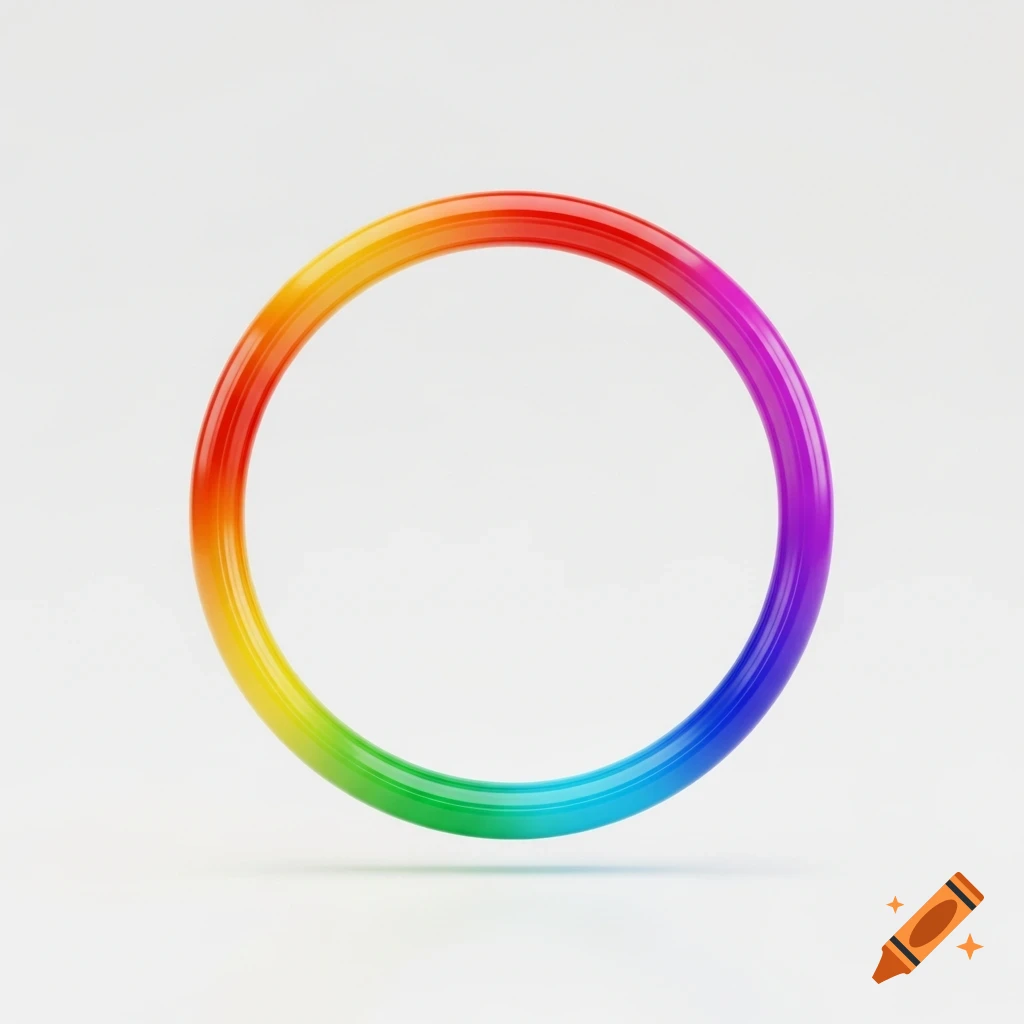 A glossy rainbow-colored ring stands on a white background, casting a subtle shadow.